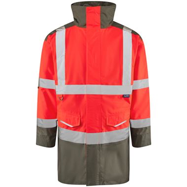 Leo Workwear Tawstock Red/Grey Two Tone EcoViz 4K Baffle Lined Waterproof Hi Vis Jacket