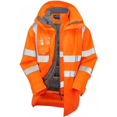 Leo Workwear Orange Waterproof Breathable 3-in-1 Hi Vis Clovelly Jacket with Torrington Bodywarmer