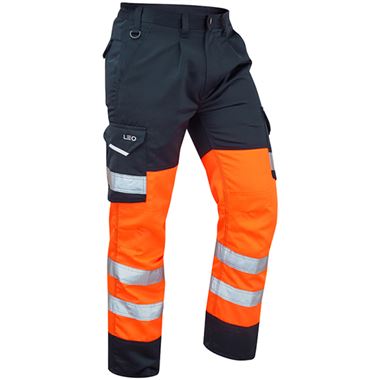 Leo Workwear Bideford Rail Orange/Navy EcoViz Two Tone Polycotton Hi Vis Cargo Trouser