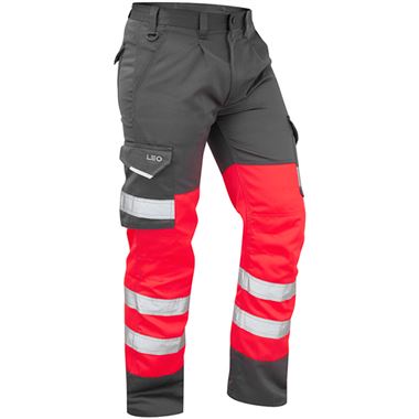 Leo Workwear Bideford Red/Grey EcoViz Two Tone Polycotton Hi Vis Cargo Trouser