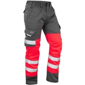 Leo Workwear Bideford Red/Grey EcoViz Two Tone Polycotton Hi Vis Cargo Trouser