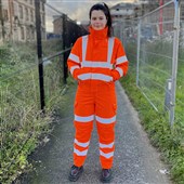 Leo Workwear Honeychurch Rail Orange EcoViz 10KX Performance Womens 2-Part Stretch Breathable Waterproof Hi Vis Coverall