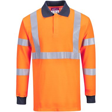 Portwest FR76 Orange Modaflame Knit Inherent Flame Resistant Anti Static Arc Hi Vis Long Sleeve Polo Shirt