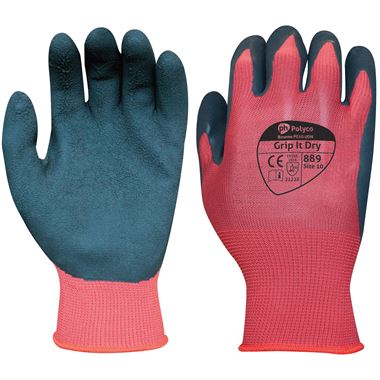 Polyco Grip It Dry Work Gloves 889 with Sponge Latex Coating - 13g