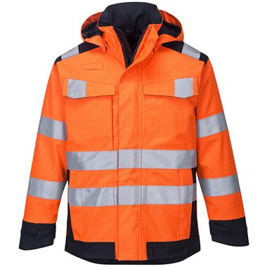 Portwest MV70 Orange/Navy Modaflame Rain Waterproof Inherent Flame Resistant Anti Static Arc Hi Vis Rain Jacket