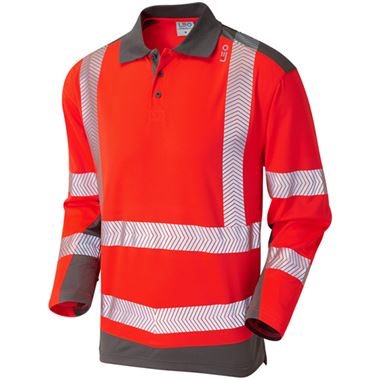 Leo Workwear Wringcliff Red EcoViz Performance Dual Colour Hi Vis Long Sleeved Polo Shirt