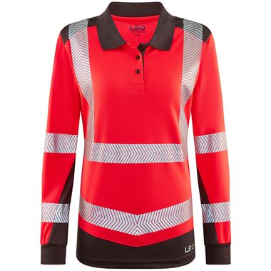 Leo Workwear Hazelwood Red/Grey EcoViz Performance Dual Colour Women's Hi Vis Long Sleeved Polo Shirt