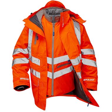 Pulsar PR315-R Rail Orange GRS Recycled 4-in-1 Waterproof Hi Vis Storm Coat c/w Interactive Bodywarmer