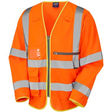 Leo Workwear Heddon Rail Orange EcoViz Superior Tablet Pocket Long Sleeved Hi Vis Vest