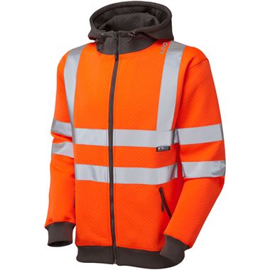 Leo Workwear Saunton Rail Orange EcoViz Hi Vis Hooded Sweatshirt