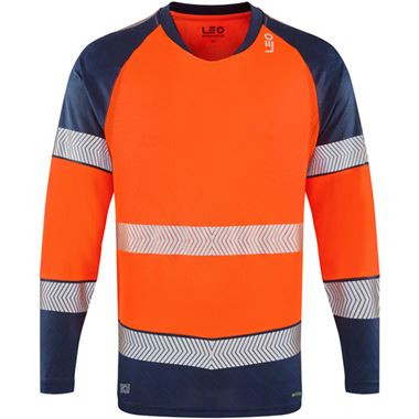 Leo Workwear Ruda Orange/Navy EcoViz Performance Dual Colour Hi Vis Long Sleeved T-Shirt