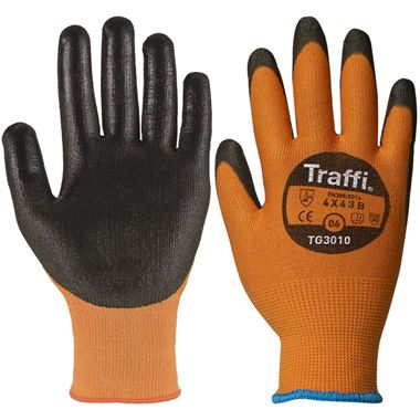 TraffiGlove TG3010 X-Dura Classic Cut B PU Palm Coated Amber Work Gloves - 13g