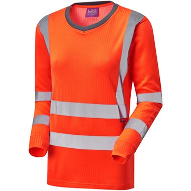 Leo Workwear Lydford Rail Orange EcoViz Comfort Women's Hi Vis Long Sleeved T-Shirt