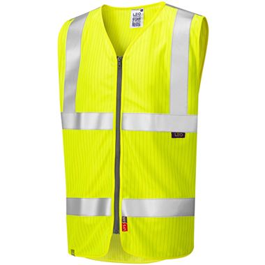 Leo Workwear Jacobstowe Yellow EcoViz Limited Fire Spread & Anti Static Zipped Hi Vis Vest